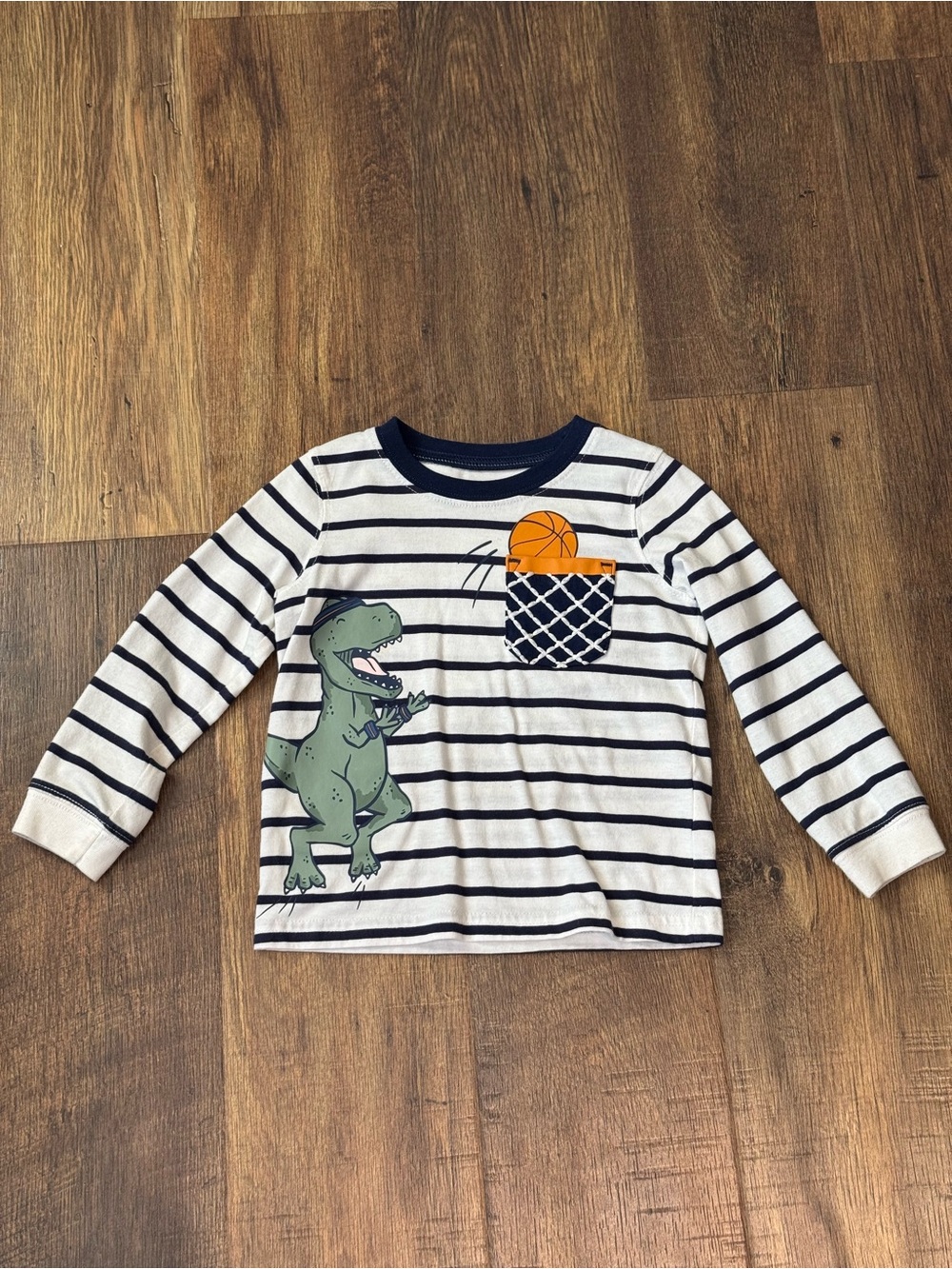 Striped Dino Basketball Pocket Long Sleeve Tee - White & Navy, 24M